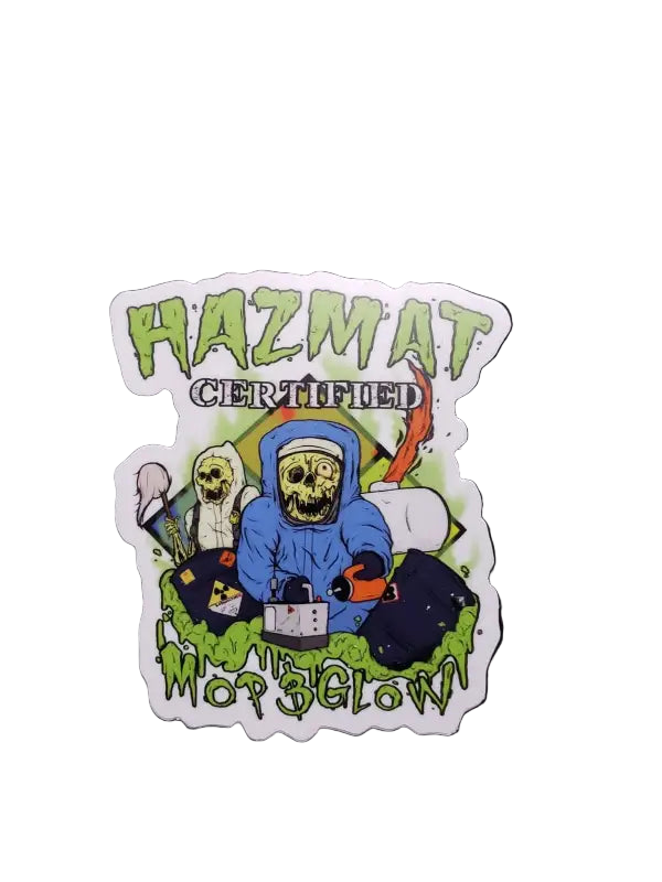 Cartoon hazmat figures with masks on Hazmat Mop and Glow helmet decal with weather-resistant ink