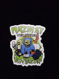 Cartoon hazmat figures with masks on Hazmat Mop and Glow helmet decal with weather-resistant ink