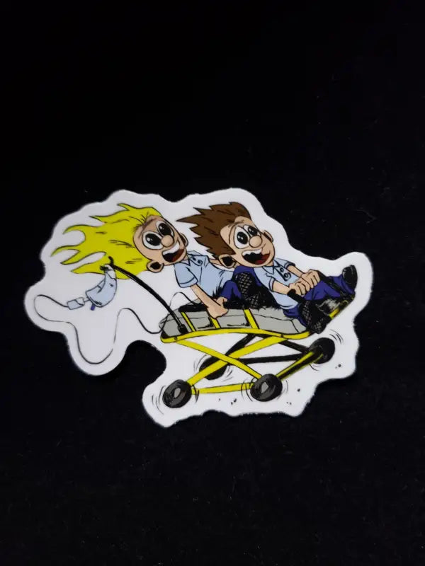 Cartoon sticker of EMS First Responders in a yellow go-kart racing crazily