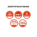 Certifications icons on Feniex Storm Pro 100W Siren for Feniex Storm emergency accessories