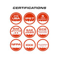 Certifications displayed on Feniex Fusion-S 2X Dash Light with pattern capable red circles