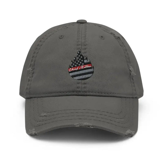 Charcoal gray distressed Chief Miller hat with American flag teardrop logo