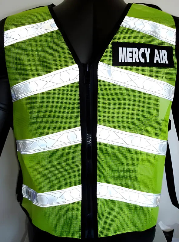 High-visibility lime green Chevron Reflective Vest with reflective stripes and MERCY AIR text