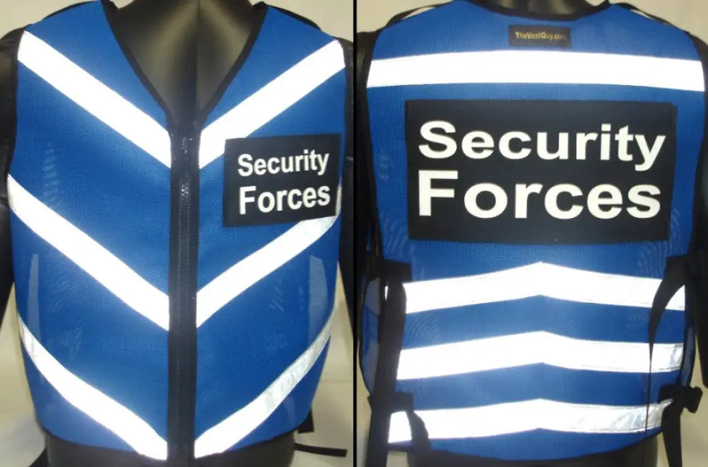 Blue Chevron Reflective Vest with white reflective stripes and Security Forces text