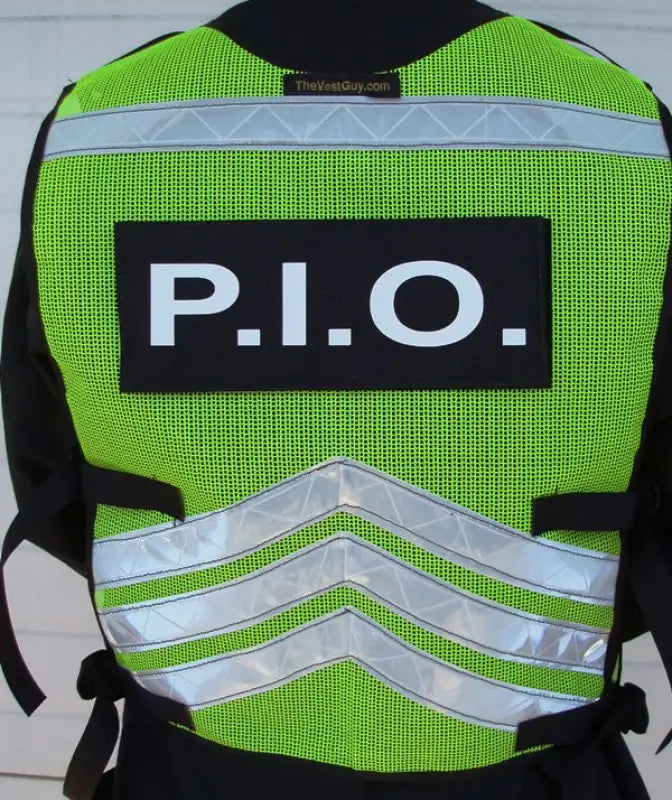 High-visibility Chevron Reflective Vest with P.I.O. text and reflective stripes