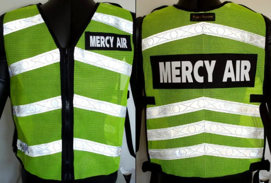 High-visibility lime green Chevron Reflective Vest with MERCY AIR and reflective stripes