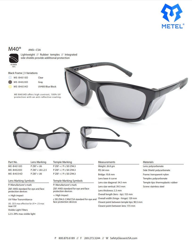 Chief Miller Protective Eyewear METEL M40 Safety Glasses Lightweight Retro Frame, Side Shields, Flexible Temples, Multiple Lens Options Apparel