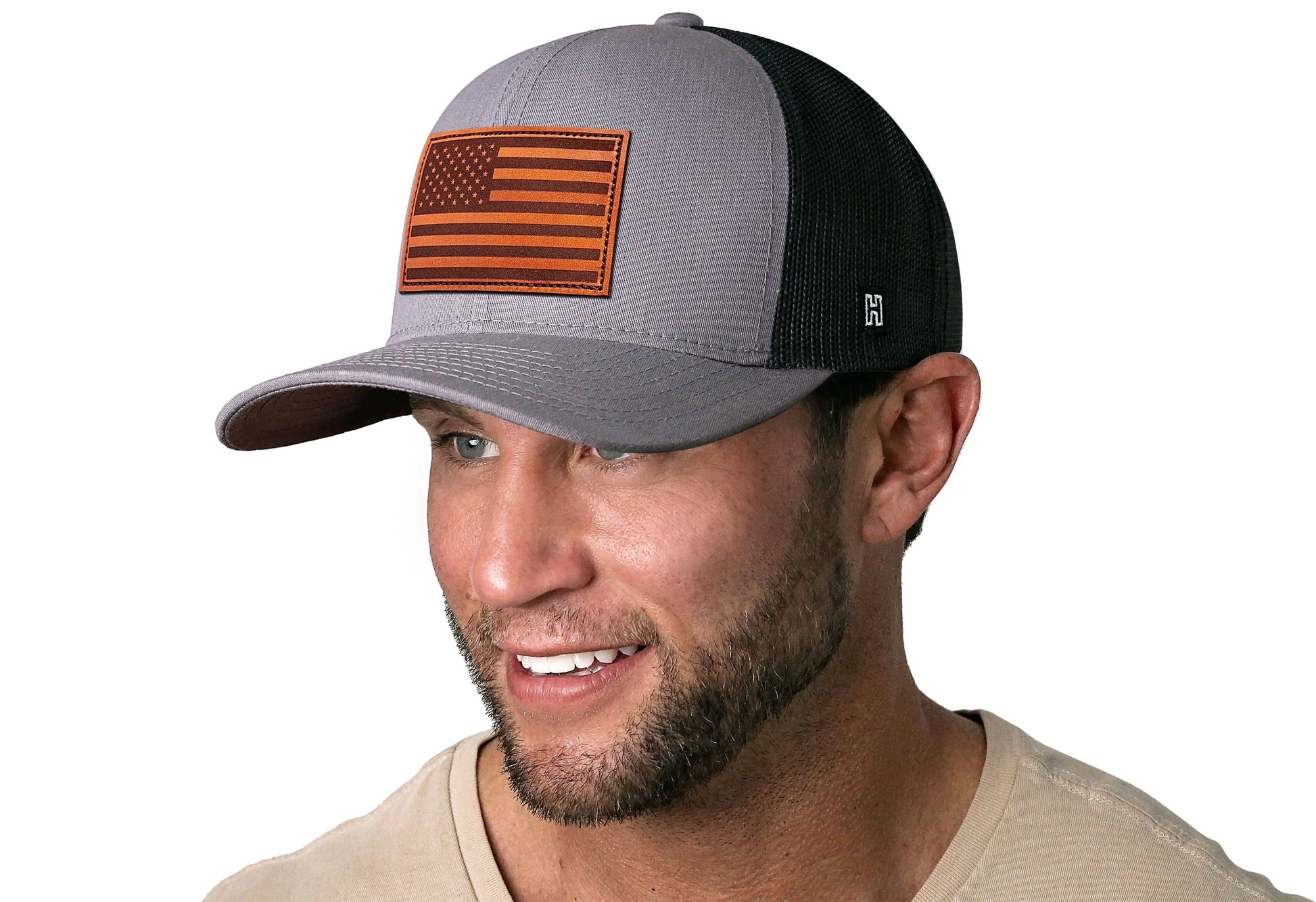 Chief Miller Trucker Hat American Flag Trucker Hat Leather  |  Gray Black USA Snapback Apparel