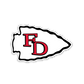 White arrowhead-shaped logo with red FD letters and black outline on CHIEFS 5-inch product