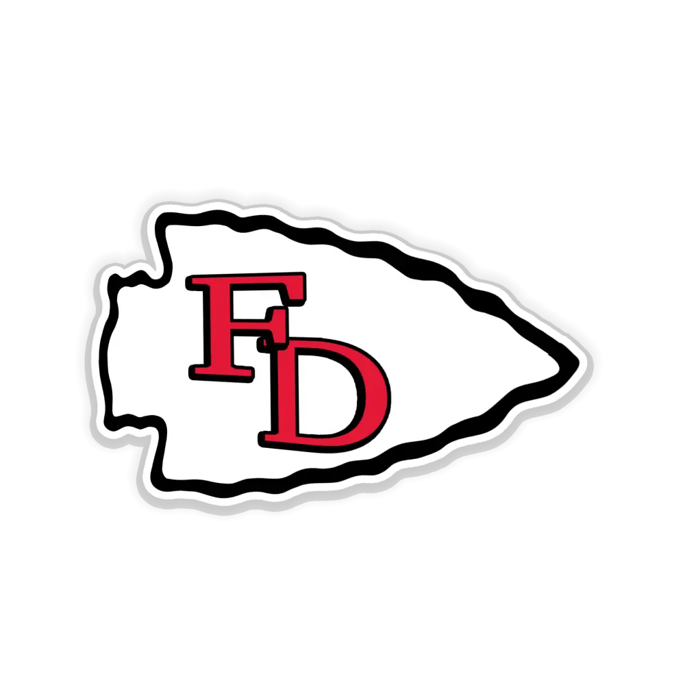 White arrowhead-shaped logo with red FD letters and black outline on CHIEFS 5-inch product