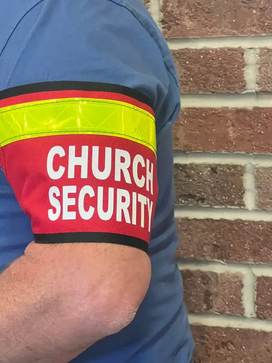 Church security armband featuring a reflective yellow stripe on navy blue sleeve