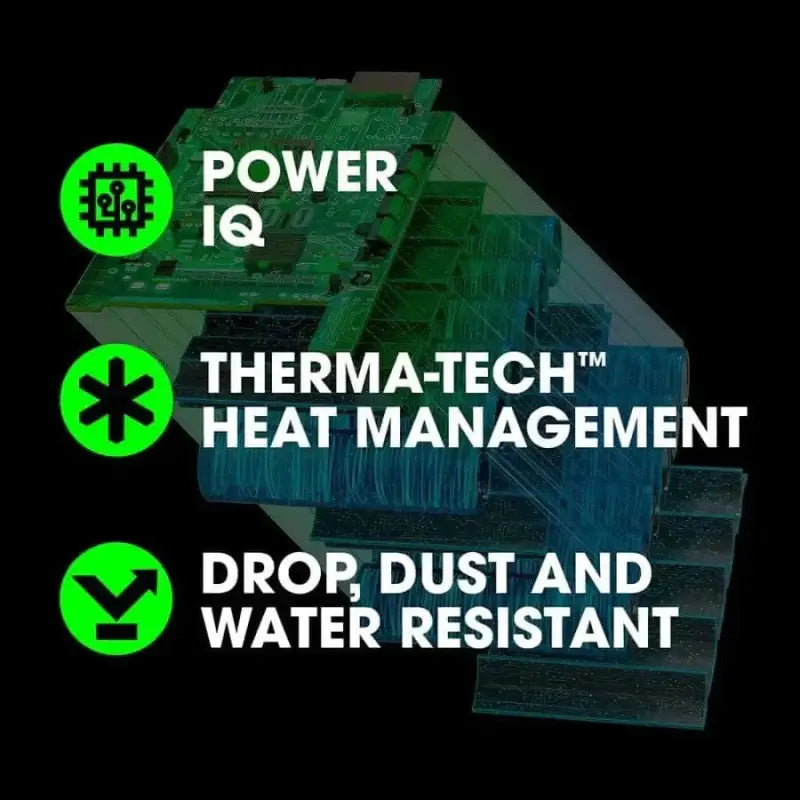 Circuit board highlighting Power IQ, Therma-Tech, and resistance in FLEX FX0111-1 2.5Ah Lithium-Ion Battery