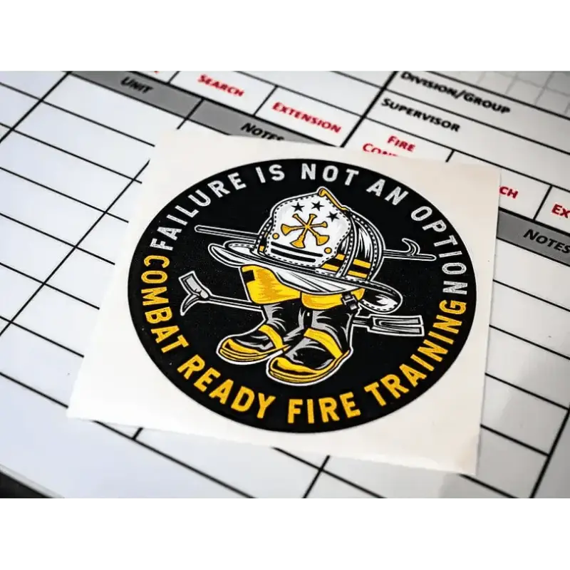 Circular black sticker with cartoon bullet and text for firefighter sticker pack