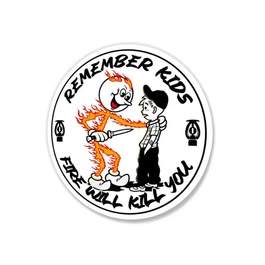 Circular Fire Kills Sticker with cartoon flames teaching kids safety from first responders