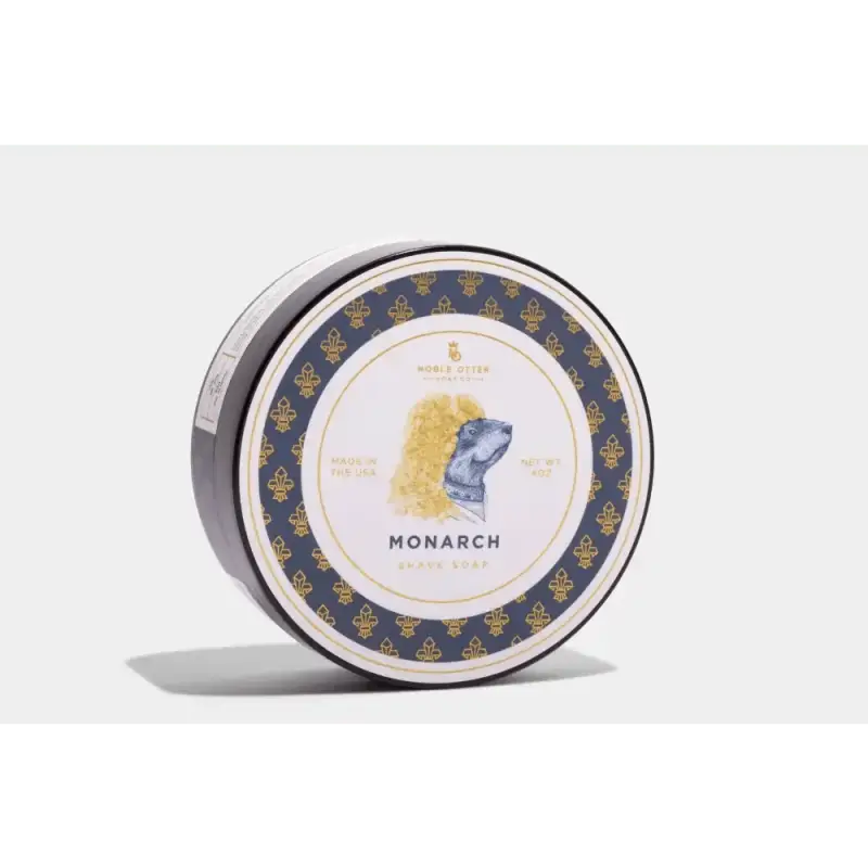 Circular tin container with blue and gold butterfly design for Monarch Shave Soap 3oz refill puck