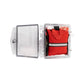 Clear plastic case with folded red garment and reflective stripes in Bleeding Control Station