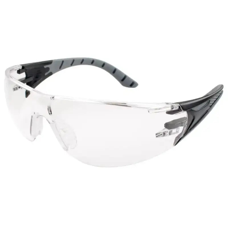 Clear METEL M50 Safety Glasses with flexible black and gray temple arms for comfort