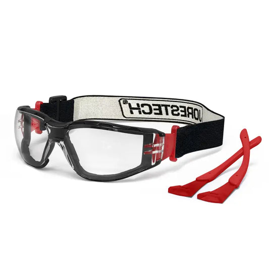 Clear anti-fog safety glasses convertible with removable foam seal and red temples