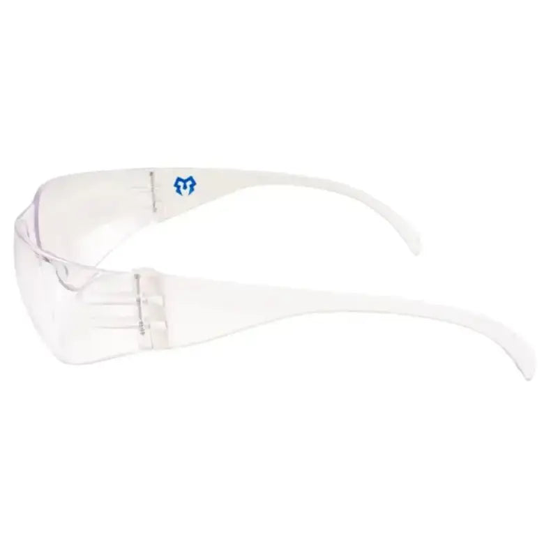 Clear anti-fog METEL M10 Safety Glasses with white temple arms and blue logo