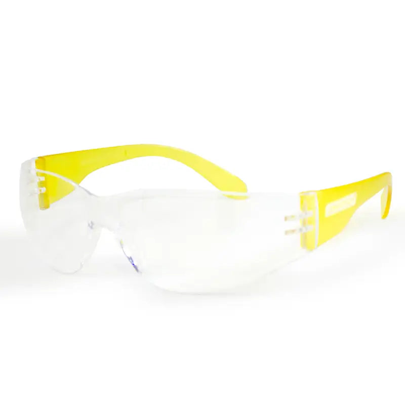 Clear safety glasses with yellow frames for high impact protection and comfortable wear