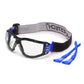 Clear anti-fog safety glasses with removable foam seal and adjustable strap