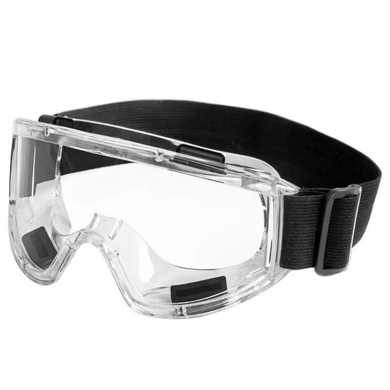 Clear anti-fog ventilated safety goggles with black elastic strap for optimal protection