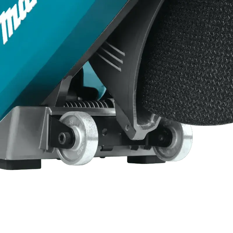 Close-up of Makita GEC01PL4 80V with adjustable roller mechanism and electric brake