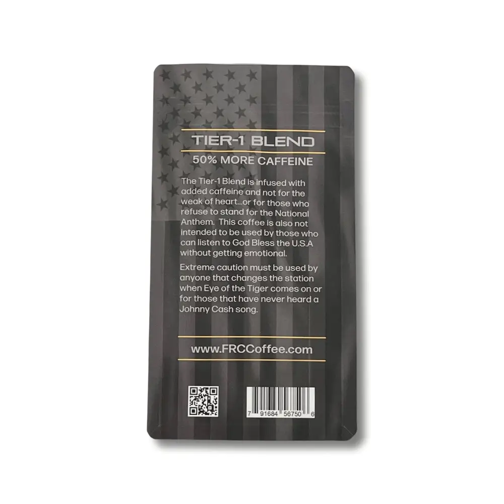 Black coffee package of 12oz Tier-1 Blend with American flag and 50% more caffeine