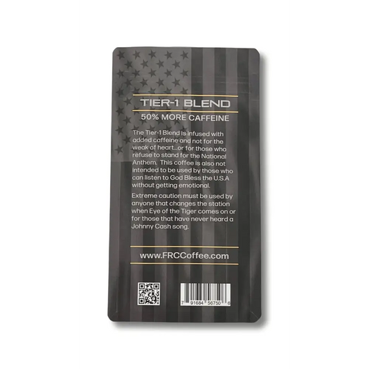 Black coffee package of 12oz Tier-1 Blend with American flag and 50% more caffeine