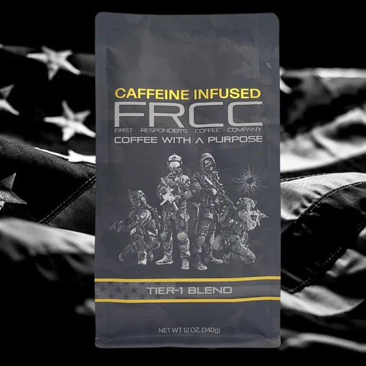 Military-themed 12oz Tier-1 Blend coffee package with tactical soldier silhouettes