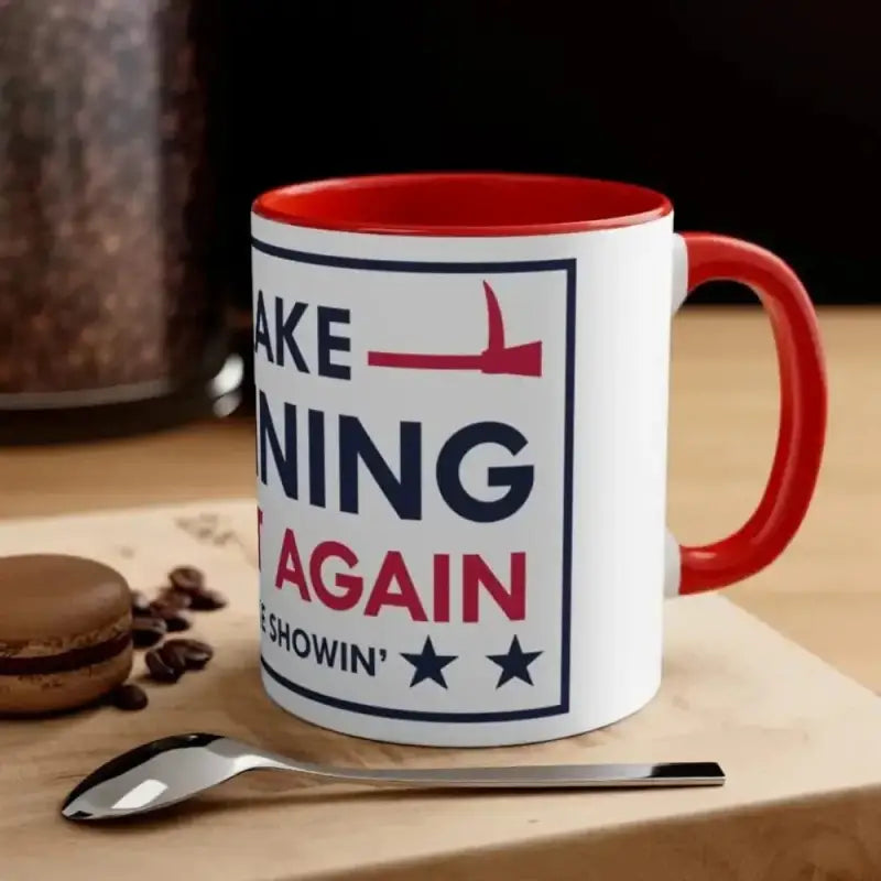 Coffee mug with red trim featuring make training great campaign-style text and stars