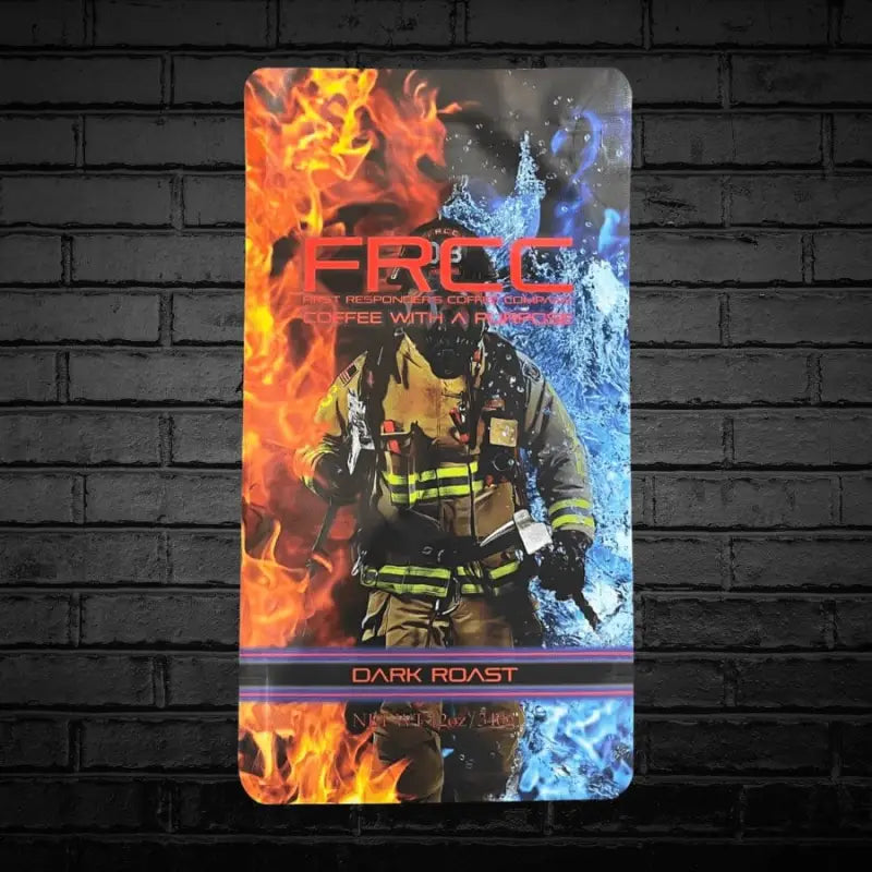 Coffee 12oz Firefighter package with vibrant firefighter design and FROG branding