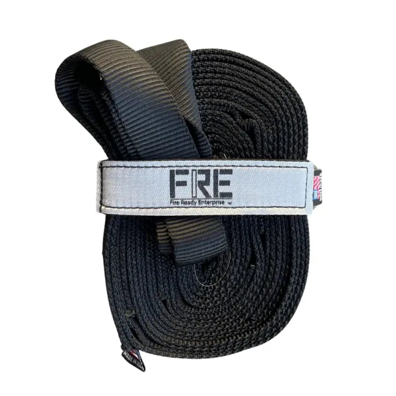 Coiled black webbing strap with branded fastener for FRE Rescue Webbing and mountain D carabiner