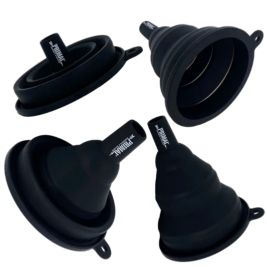 Collapsible black silicone funnel ideal for first responders, firefighters, and police use