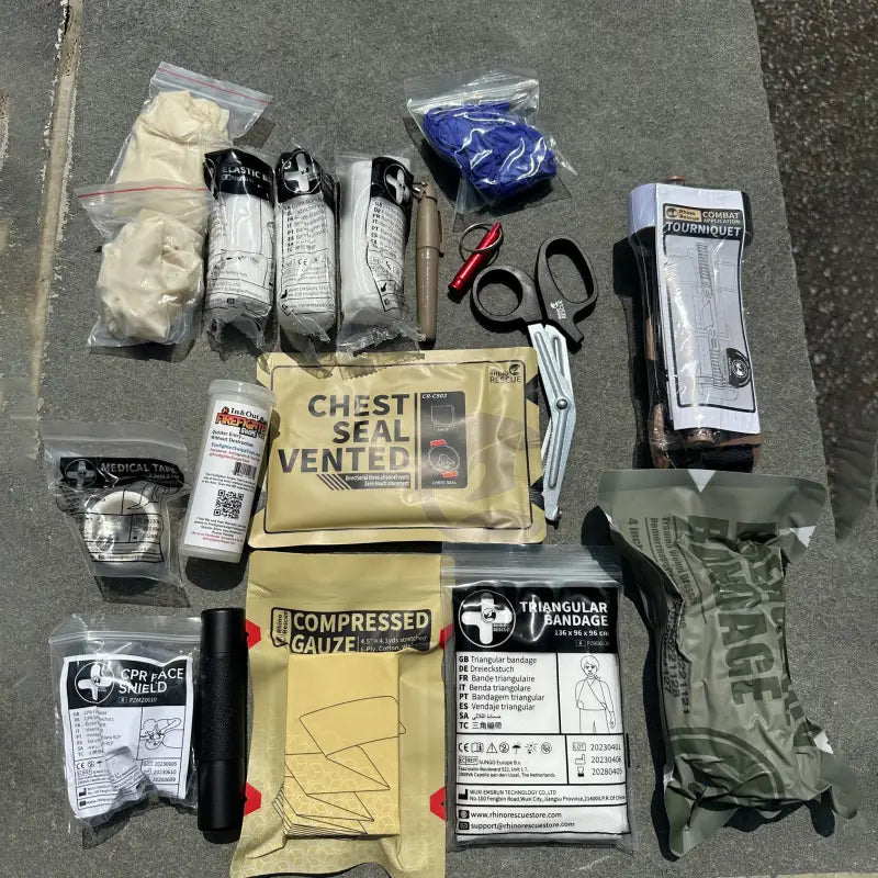 Collection of medical trauma and first aid supplies in The First Responder IFAK Kit