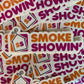 Collection of Smoke Showin stickers in orange and purple with house icons for firefighters