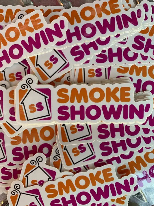 Collection of Smoke Showin stickers in orange and purple with house icons for firefighters