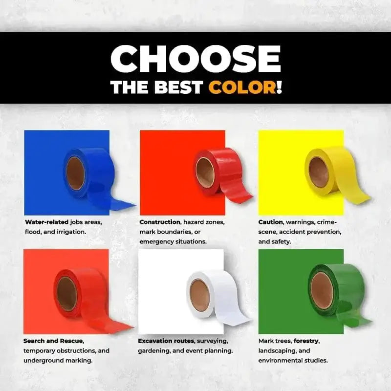 Color-coded marking tape guide illustrating uses for Barricade Flagging Tape in hazardous areas