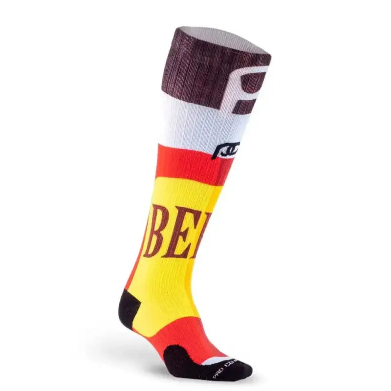 Colorful Marathon Printed athletic sock for first responders featuring red, yellow, and brown stripes