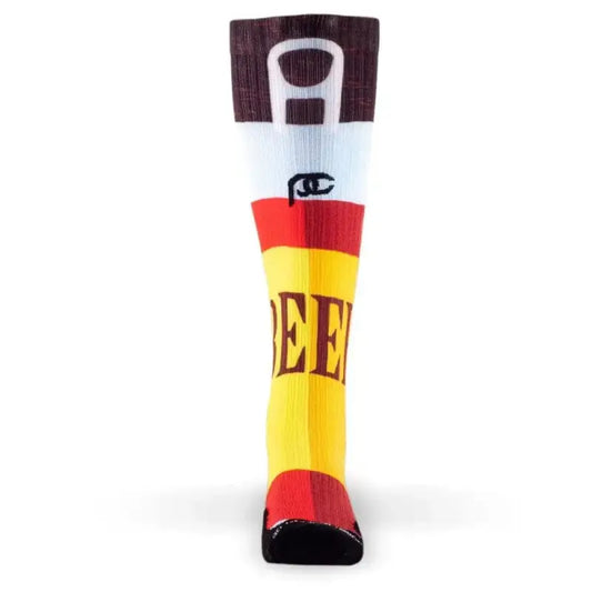 Colorful Marathon Printed sock designed as a beer tap handle for first responders