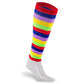 Colorful multicolor stripe calf compression sleeves with red, purple, yellow, green, navy