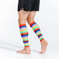 Colorful multicolor stripe calf compression sleeves in red, blue, yellow, green, and pink