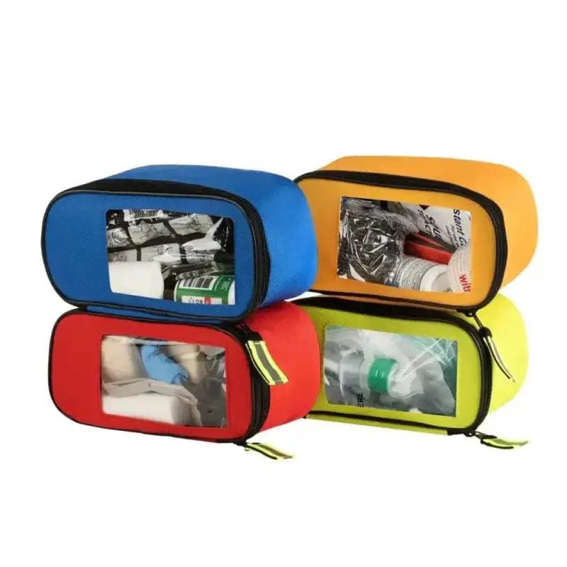 Colorful zippered storage pouches with clear windows in Scherber Ultimate First Responder Trauma O2 Backpack