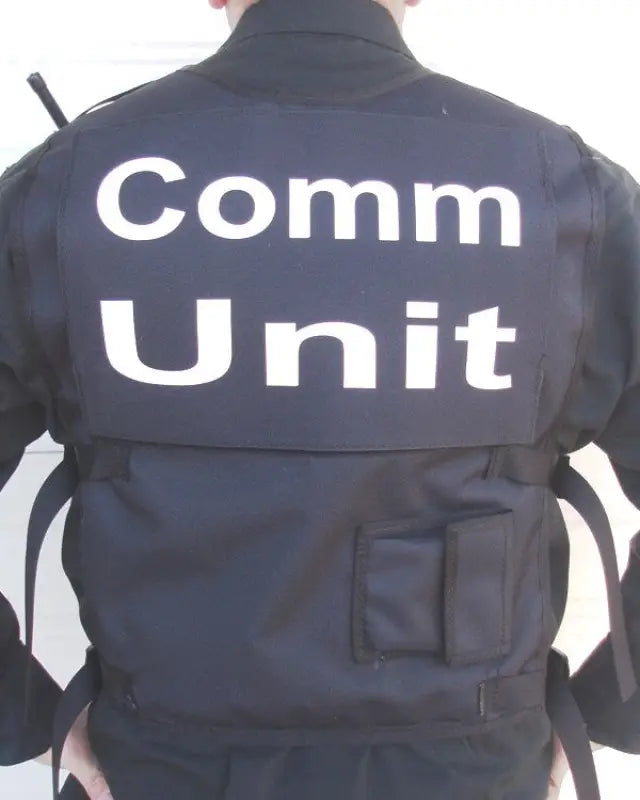 Dark blue Communications Safety Vest featuring Comm Unit text and velcro closure pockets