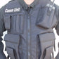 Black Communications Safety Vest with velcro closure pockets and cord lock for gear storage