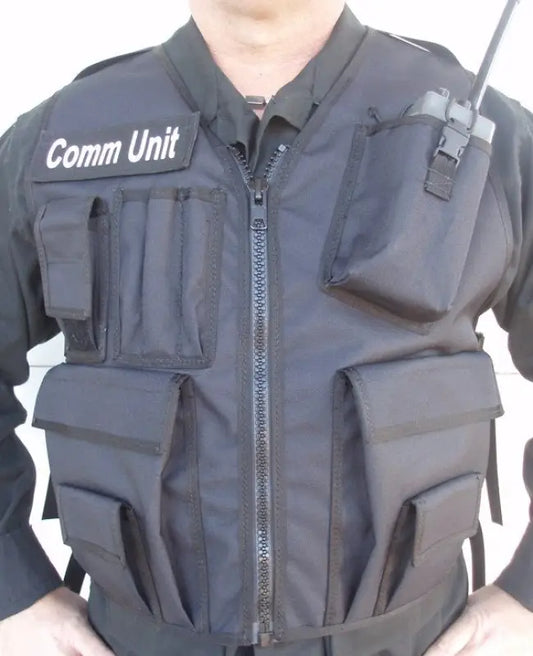 Black Communications Safety Vest with velcro closure pockets and cord lock for gear storage