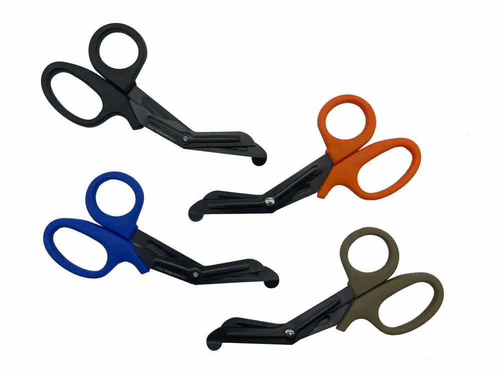 Four pairs of Compact Trauma Shears Gen 3 by Maratac in black, orange, blue, olive green