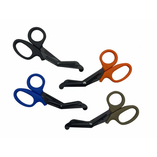 Four pairs of Compact Trauma Shears Gen 3 by Maratac in black, orange, blue, olive green