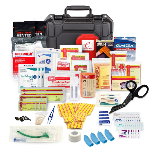 Comprehensive first aid kit in lightweight waterproof black case for first responders and firefighter use