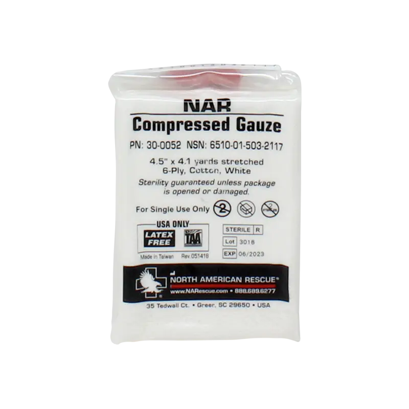 Compressed gauze bandage for bleeding control in Basic Bleeding Control Kit for first responders